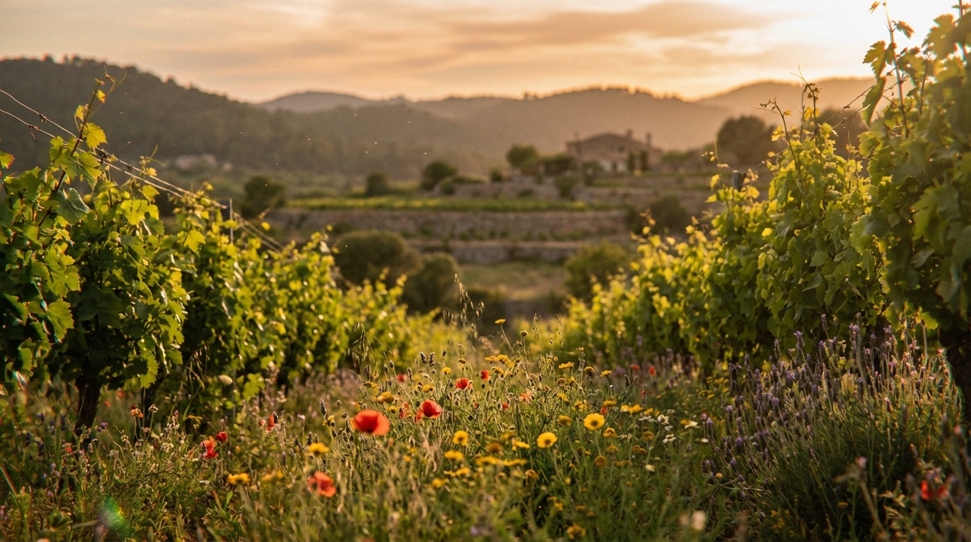 Demeter certification — Biodynamic vineyard in Mallorca with native wildflowers, golden hour sunlight, lush green vines, Mediterranean landscape, high resolution.