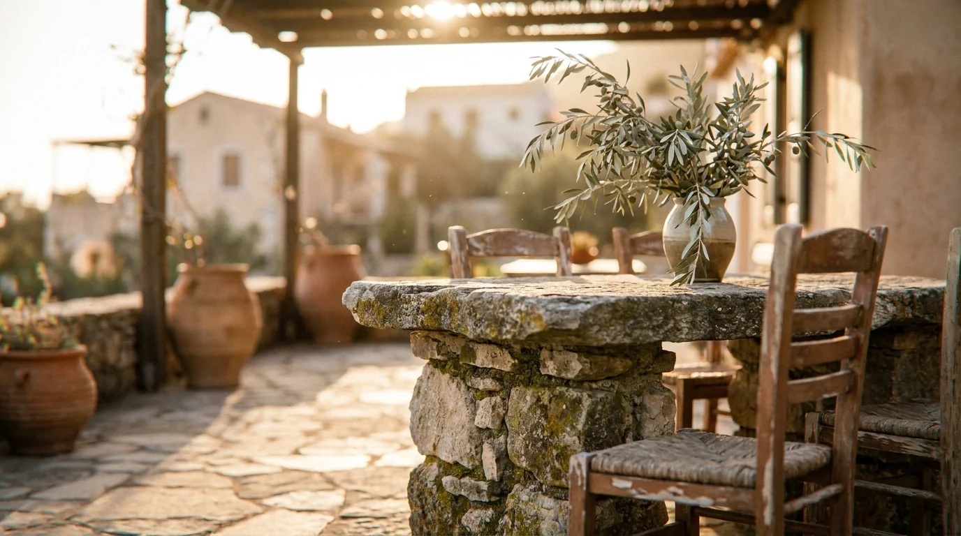 wine tasting mallorca — Rustic stone table on a sun-drenched Mediterranean terrace, weathered wood texture, soft golden hour light, olive branch, warm and inviting atmosphere.