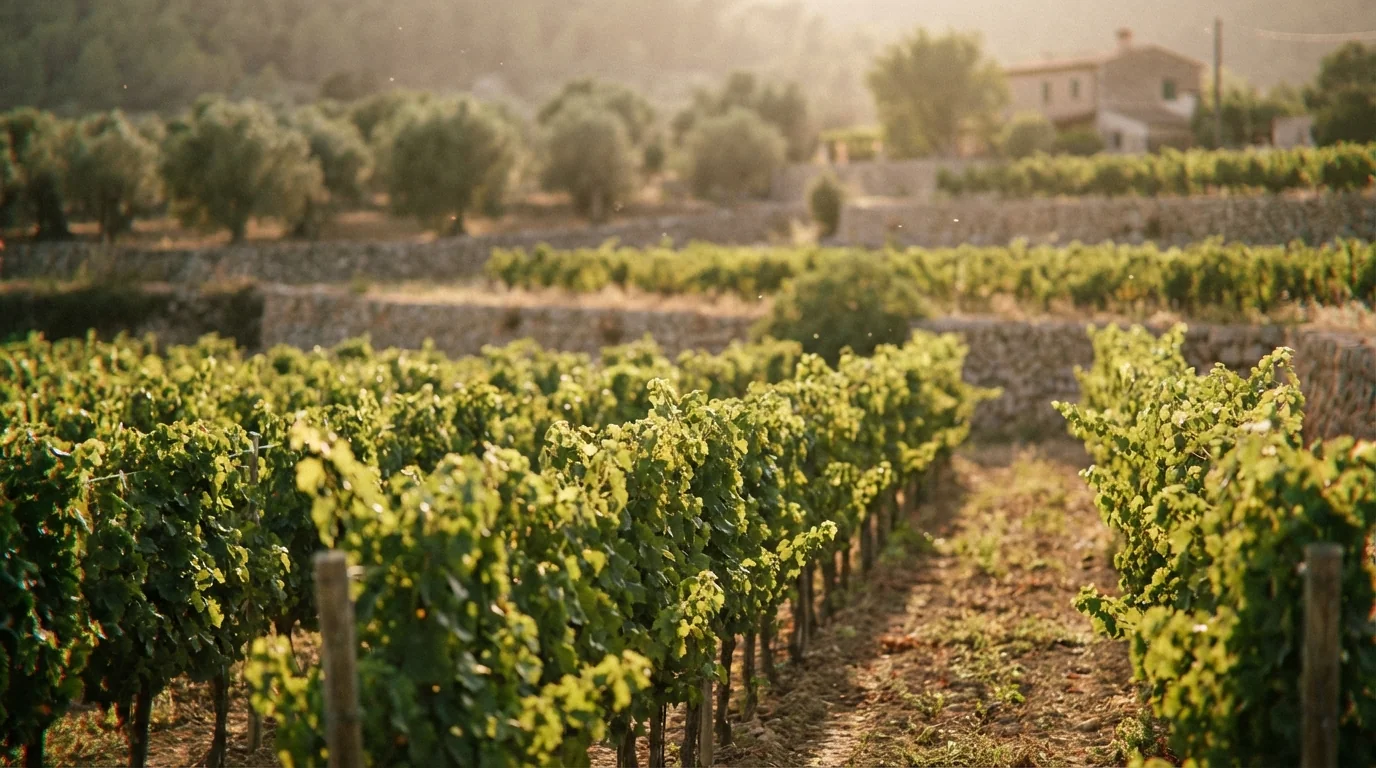 biodynamic white wine — Sun-drenched vineyard in Mallorca with rows of healthy vines, Mediterranean landscape, soft golden hour lighting, high resolution.