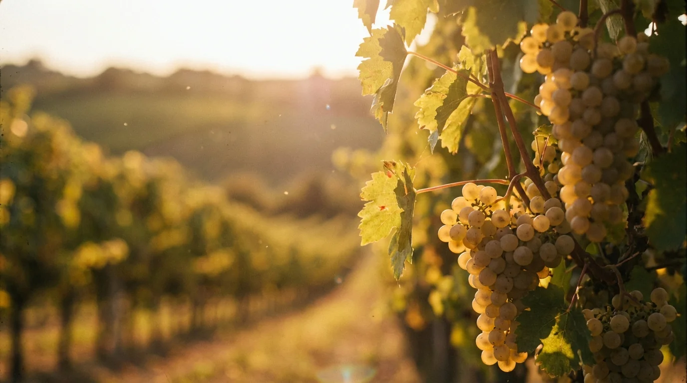 best biodynamic white wines — Sun-drenched biodynamic vineyard in Mallorca with lush green vines, Mediterranean landscape, soft natural morning light, high resolution.
