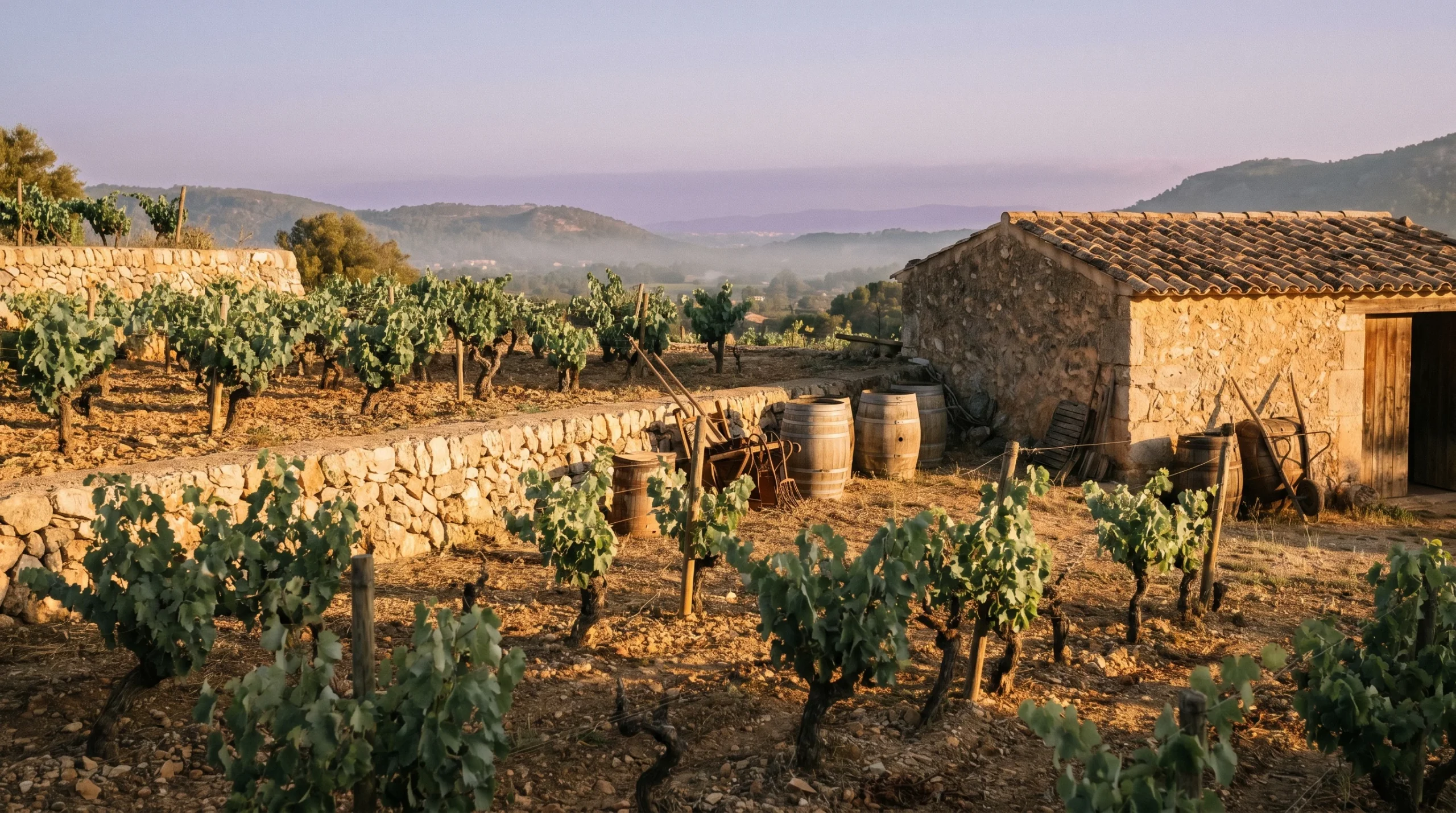 mallorca wine — Sun-drenched vineyard rows in Mallorca, limestone soil, vibrant green vines, Mediterranean blue sky, soft golden hour lighting, authentic rustic atmosphere.