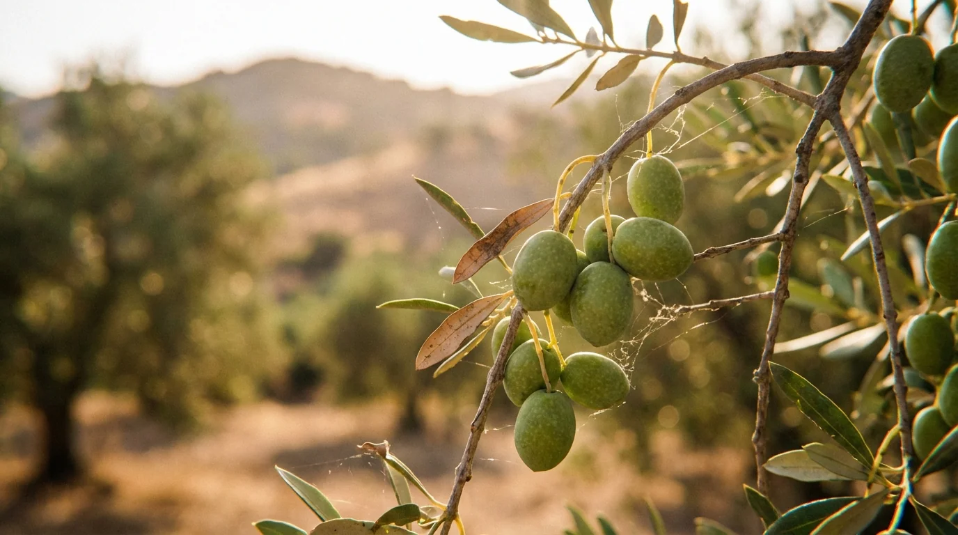 biodynamic olive oil benefits — Close-up of green olives on a branch in a sun-drenched Mediterranean grove, soft natural lighting, high detail.