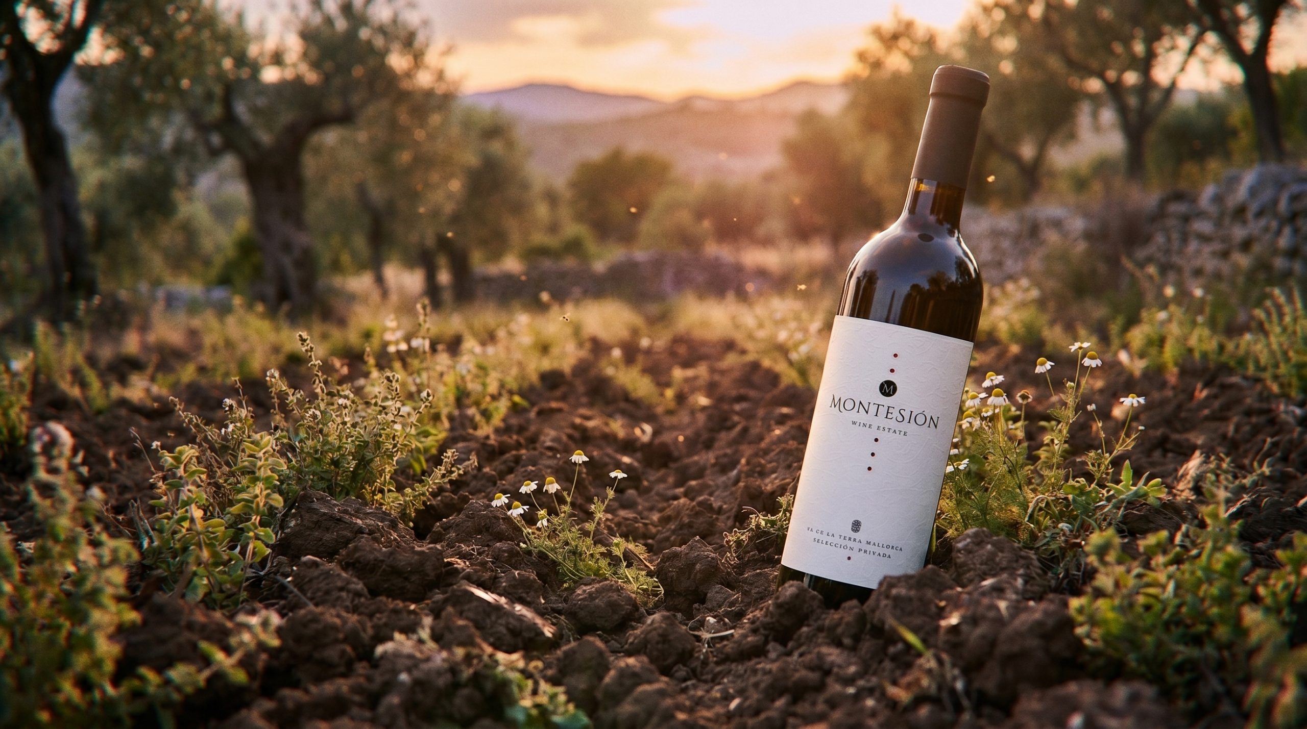biodynamic pest management — Freshly turned dark earth in a Mediterranean vineyard at dusk, wild herbs and chamomile flowers, soft golden hour light, rustic and organic atmosphere.
