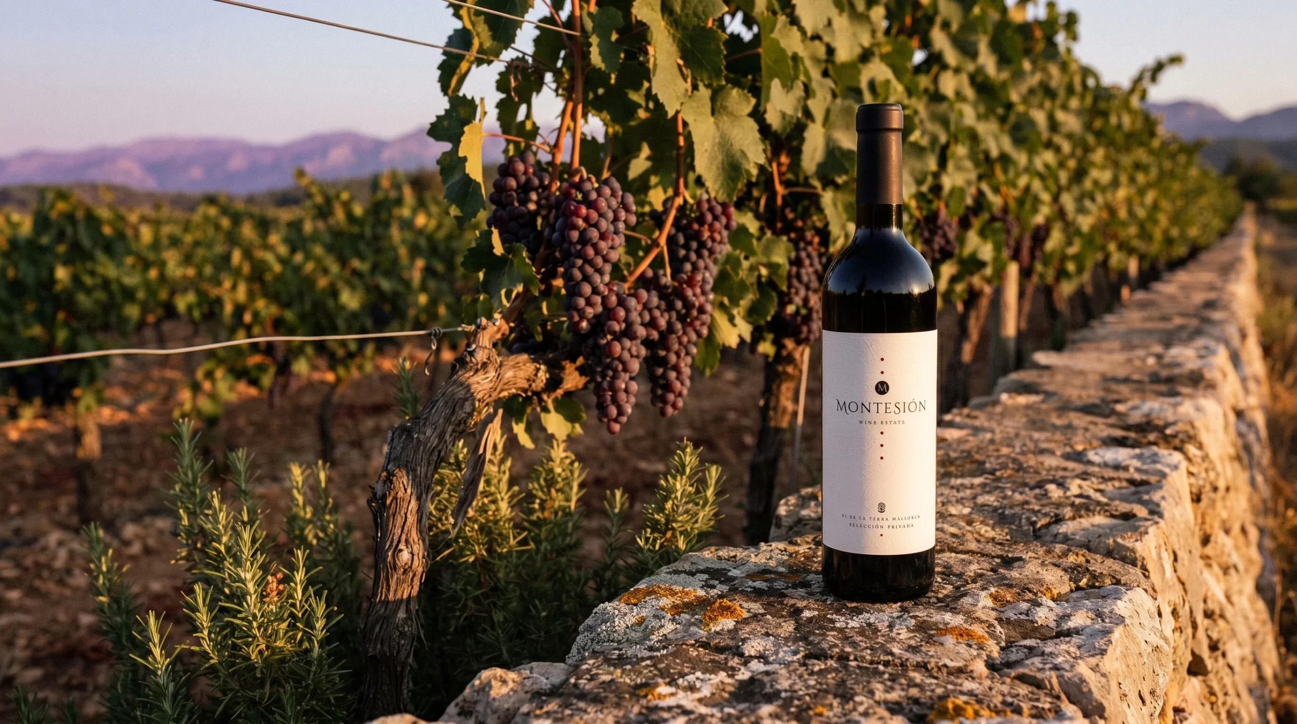 biodynamic viticulture practices — Freshly turned dark earth in a vineyard at dusk, wild herbs, soft golden light, rustic stone wall background, serene and natural atmosphere.