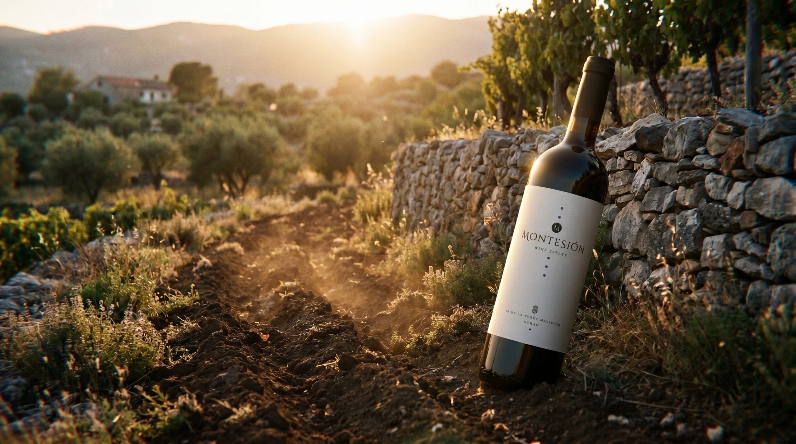 biodynamic viticulture Mallorca — Freshly turned dark earth in a Mediterranean vineyard, golden hour sunlight, wild herbs, rustic stone wall, warm and organic atmosphere.