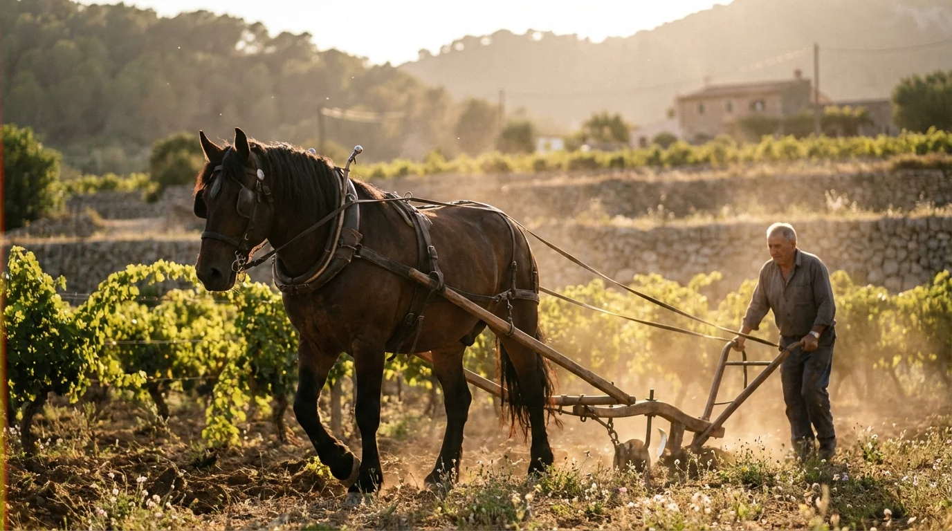 biodynamic viticulture — Draft horse pulling a traditional plow through a sunny vineyard in Mallorca, soft natural lighting, high detail.