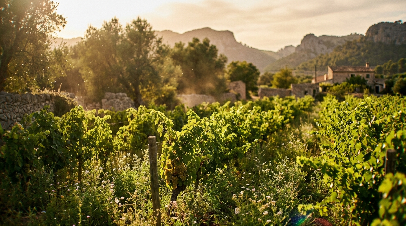 biodynamic vs natural wine — Sunlit biodynamic vineyard in Mallorca with lush green vines, Mediterranean landscape, soft natural lighting, high resolution photography.