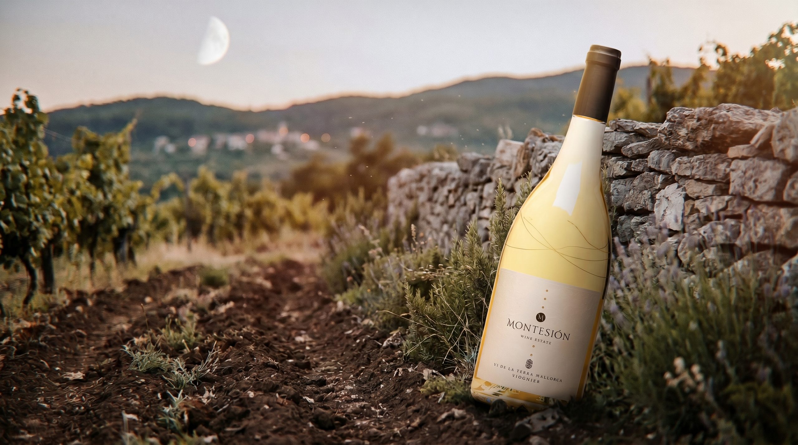 biodynamic wine calendar — Freshly turned dark earth in a high-altitude vineyard at twilight, soft lunar glow, wild herbs, rustic stone wall, Mediterranean atmosphere, serene and natural.