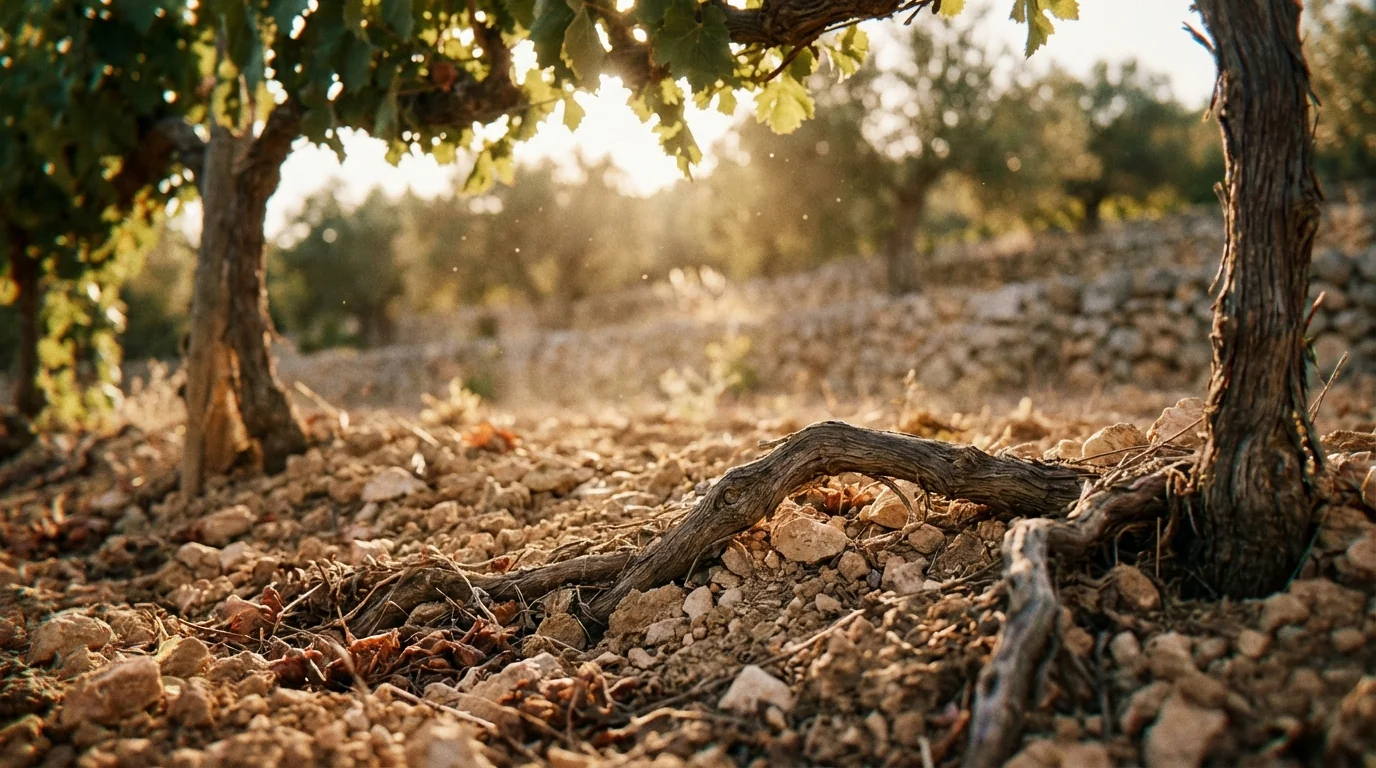 biodynamic wine lunar calendar — Photographic close-up of vine roots in limestone soil, golden hour sunlight, Mallorca vineyard, biodynamic farming, high detail.