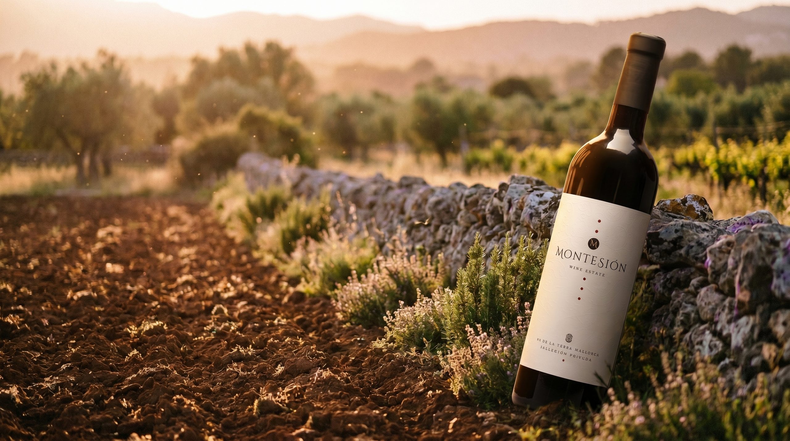 biodynamic wine Mallorca — Freshly turned dark earth in a Mallorcan vineyard at dusk, soft golden light, wild herbs, rustic stone wall, serene and natural atmosphere.