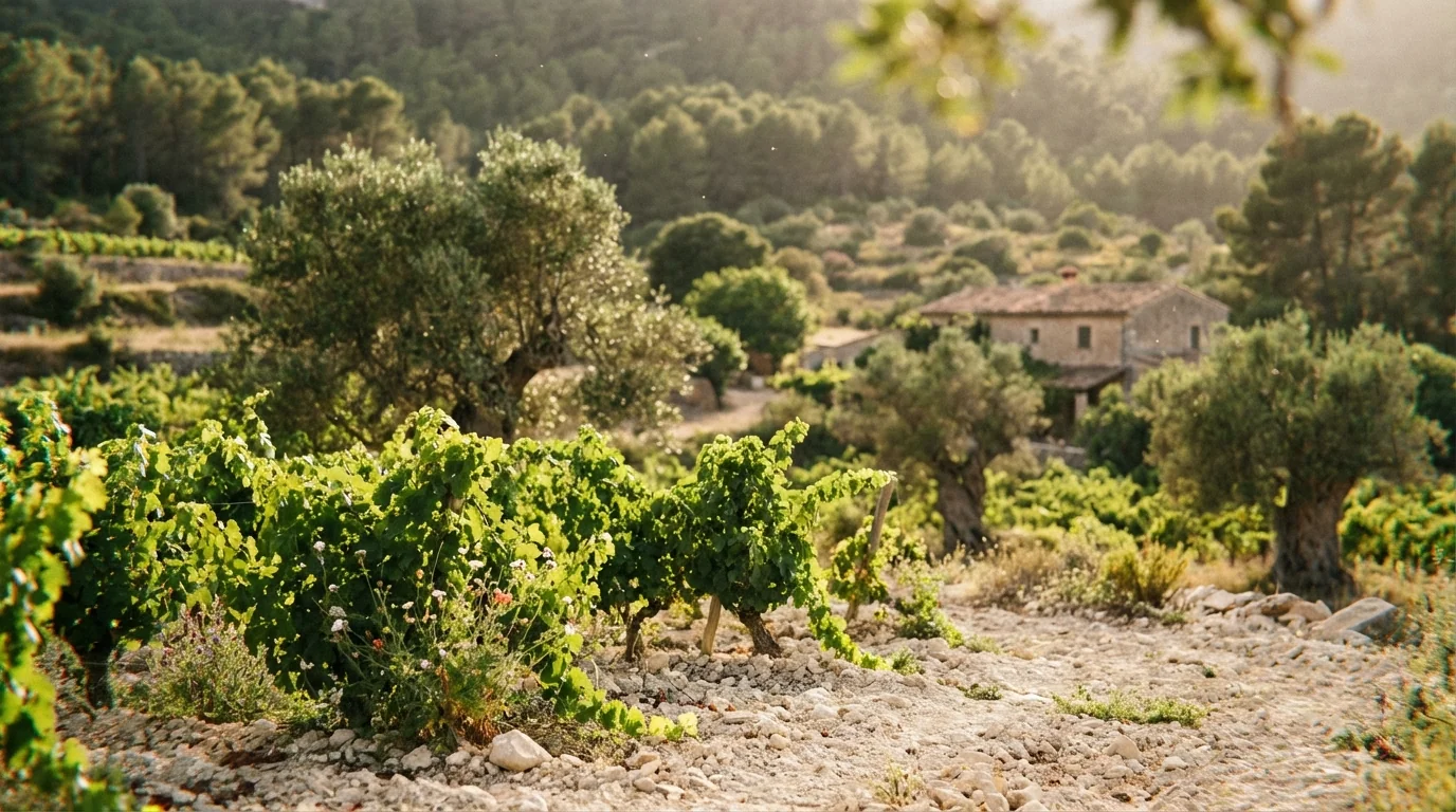 biodynamic wine Mallorca — Sunlit biodynamic vineyard in Mallorca with lush green vines, limestone soil, Mediterranean landscape, high quality photography.