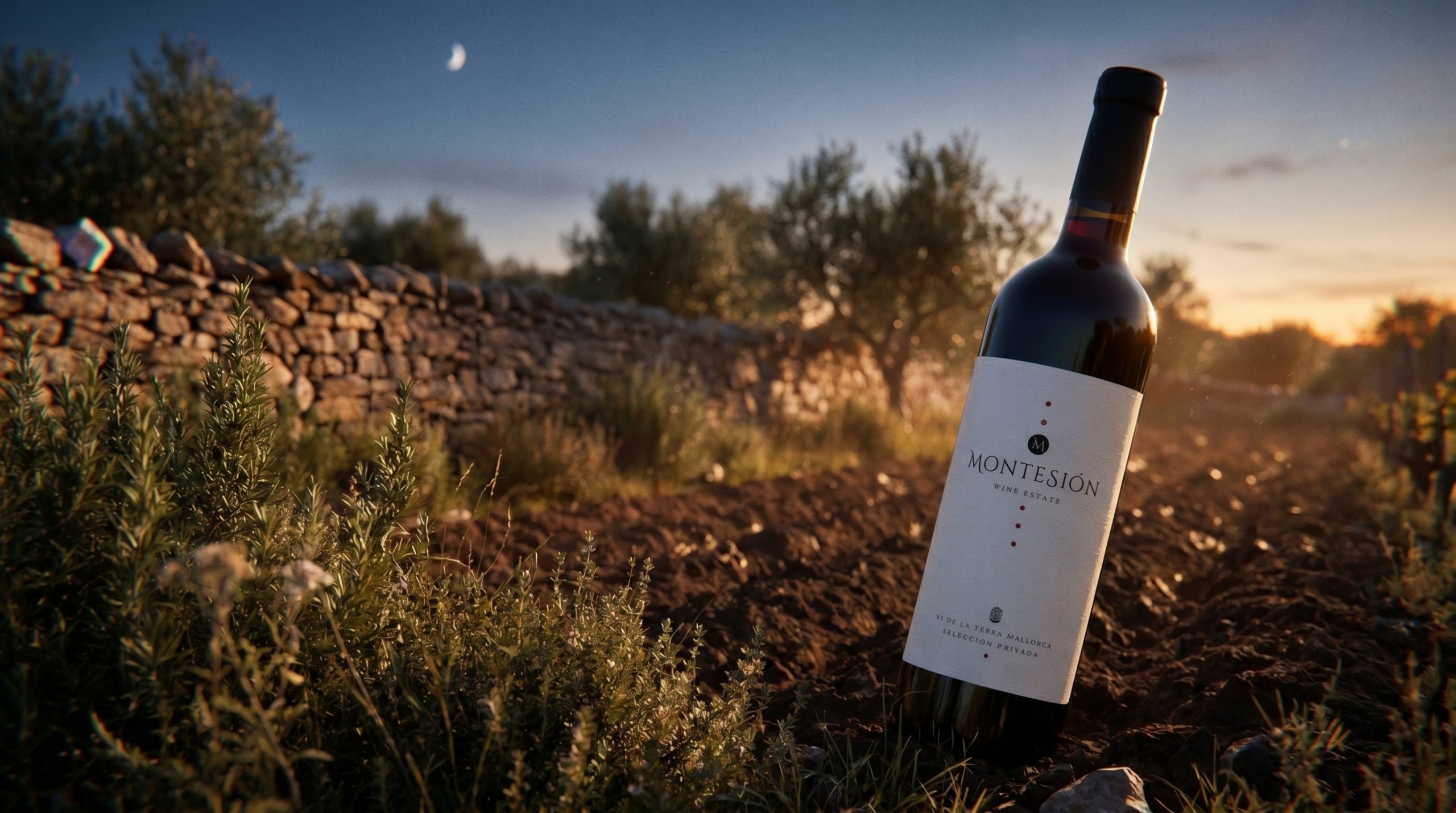 biodynamic wine — Freshly turned dark earth in a Mediterranean vineyard at dusk, lunar cycle evening sky, herbs, warm golden light, rustic stone wall background.