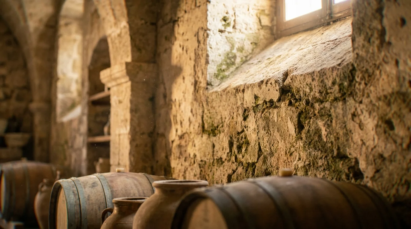 biodynamic wine quality — Rustic stone wall of a historic Mediterranean cellar, warm golden light, textured limestone surface, soft shadows, authentic heritage atmosphere.