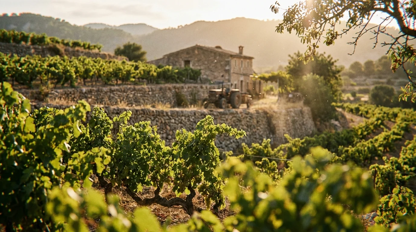 biodynamic wine tourism — Biodynamic vineyard in Mallorca, lush green vines, Mediterranean sunlight, authentic agricultural setting, high quality photography.