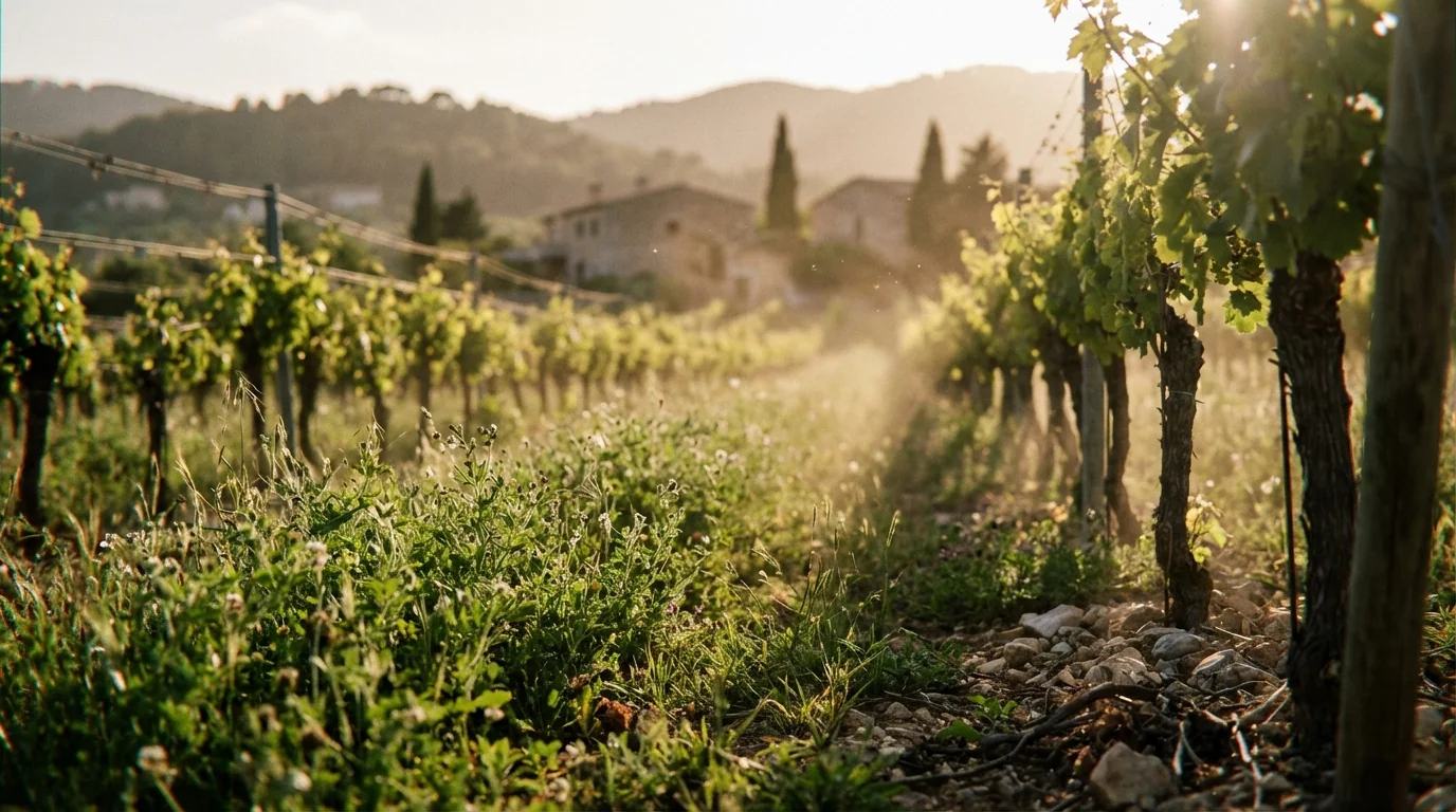 biodynamic wine — Biodynamic vineyard in Mallorca, lush green cover crops, limestone soil, golden hour sunlight, authentic Mediterranean landscape, high resolution