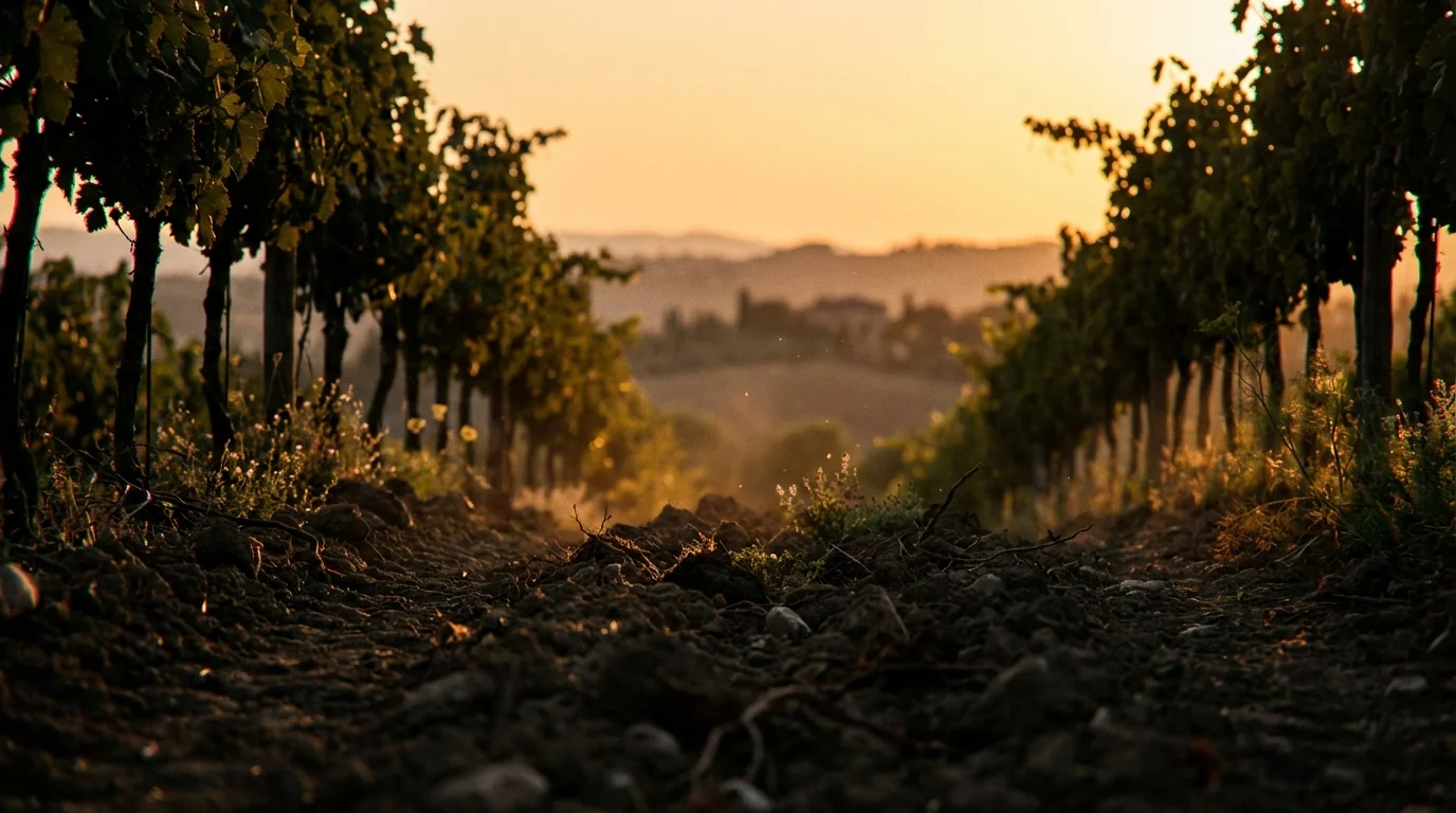 Demeter certification — Freshly turned dark earth in a vineyard at dusk, soft golden hour light, scattered wild herbs, rustic and fertile Mediterranean soil texture.