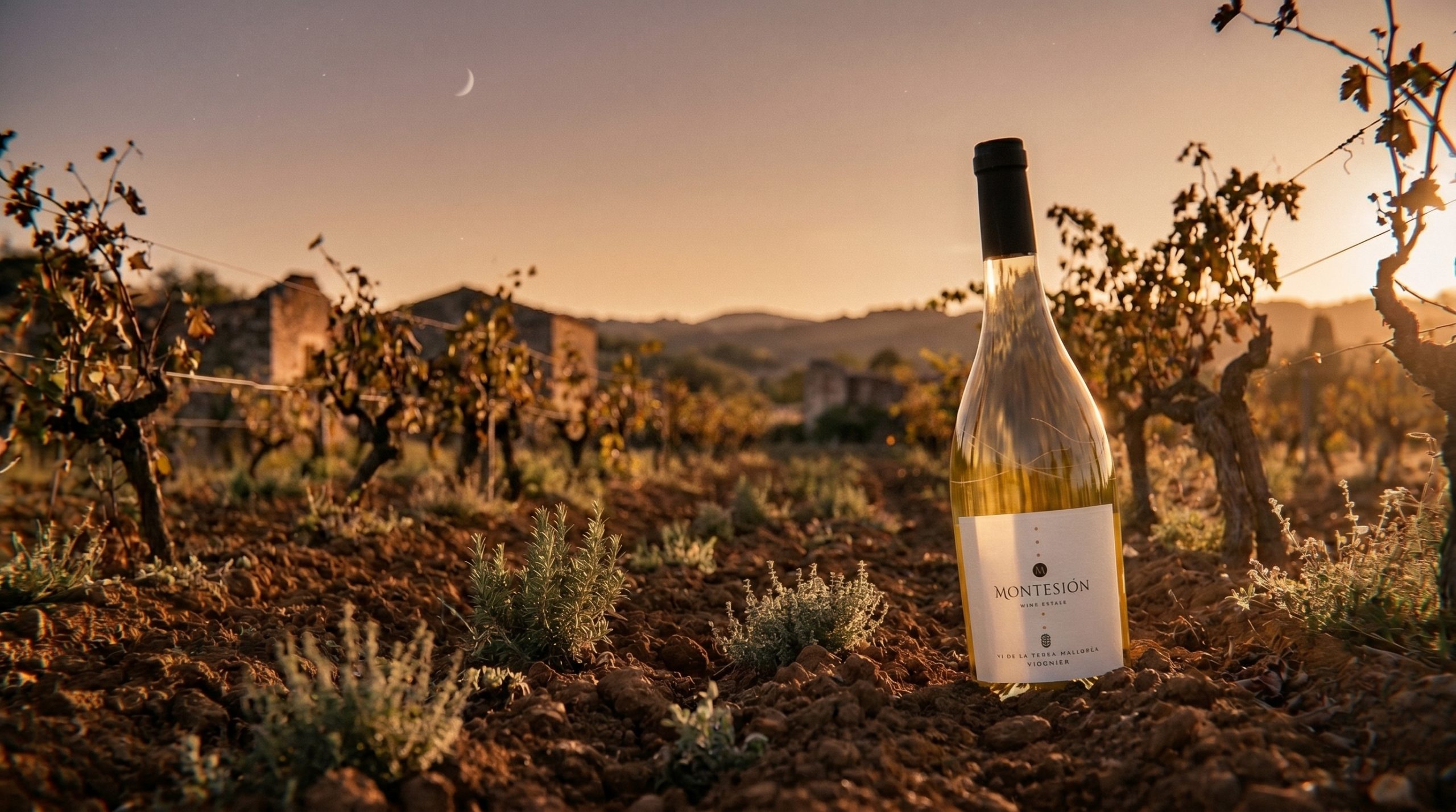Demeter certification — Freshly turned dark earth in a vineyard, scattered wild herbs, soft golden hour Mediterranean light, lunar cycle evening sky, rustic and natural.