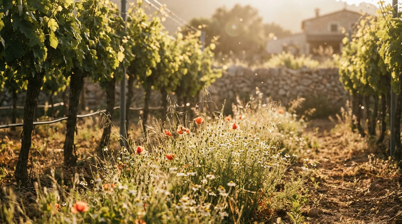 Demeter certification — Biodynamic vineyard in Mallorca with native wildflowers between vine rows, golden hour sunlight, high resolution photography.