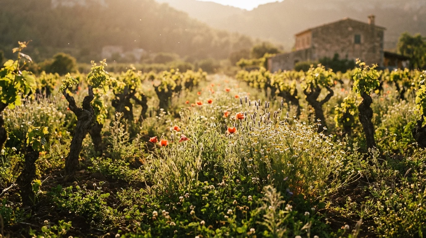 Demeter certification — Biodynamic vineyard in Mallorca, rows of vines with native wildflowers, Mediterranean sunlight, lush green soil, high resolution photography