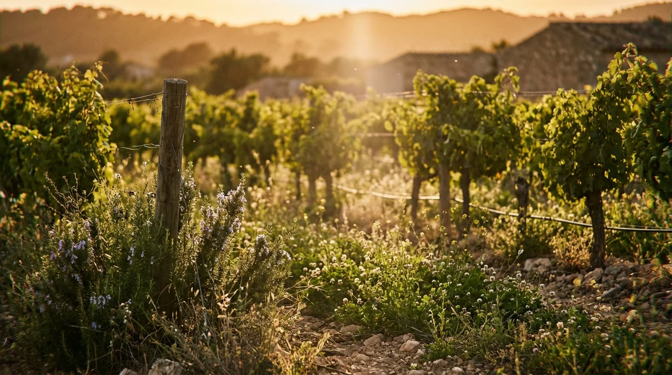 Demeter certification — Biodynamic vineyard in Mallorca with lush cover crops, limestone soil, Mediterranean scrub, golden hour sunlight, high resolution photography.