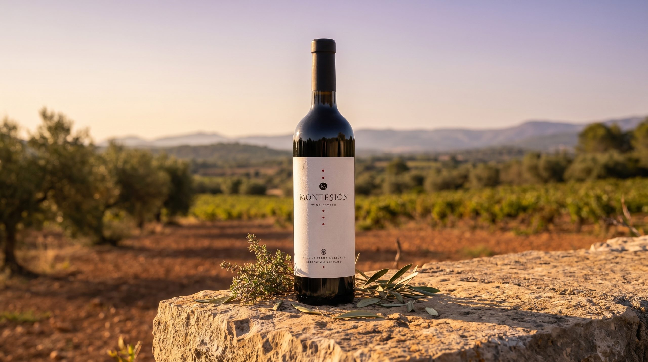 Demeter certification — Sun-drenched limestone vineyard in Mallorca, vibrant green cover crops between vine rows, soft Mediterranean morning light, authentic biodynamic landscape, peaceful and natural.