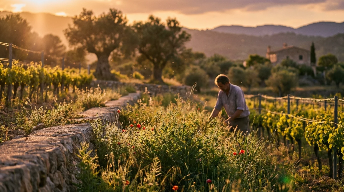Demeter certification — Biodynamic vineyard in Mallorca with lush indigenous cover crops, golden hour sunlight, Mediterranean landscape, high resolution photography.