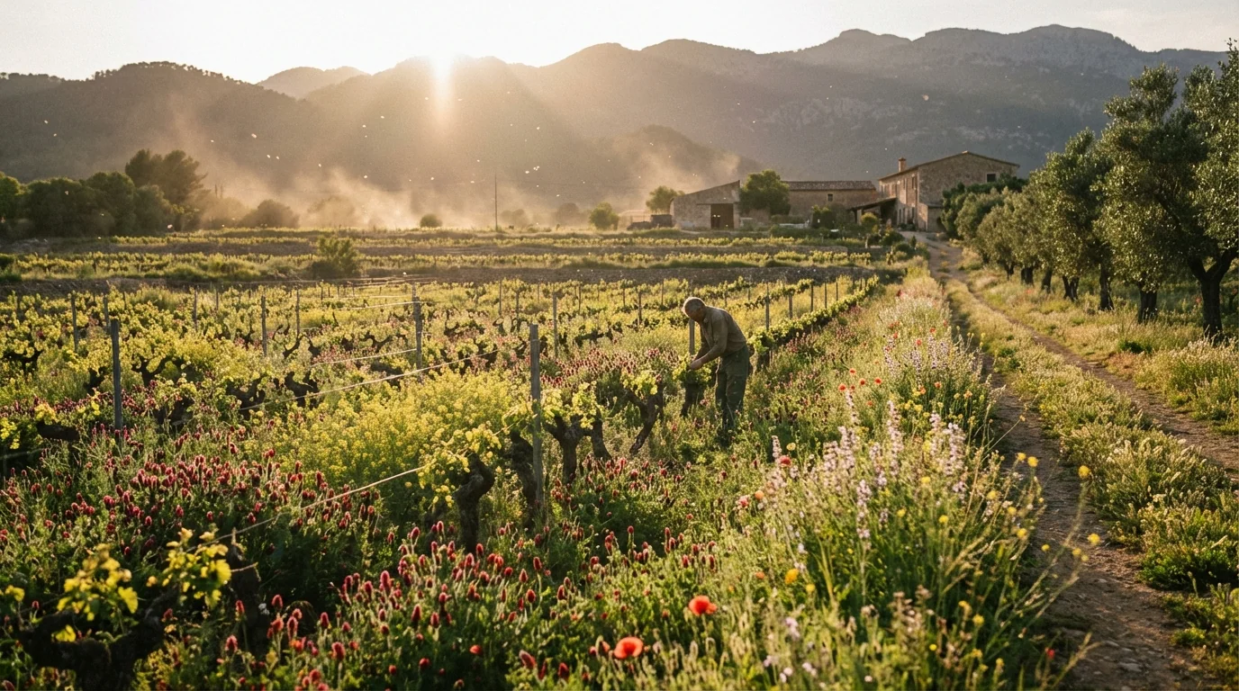 Demeter certification — Biodynamic vineyard in Mallorca with diverse cover crops and wild flower biodiversity corridors, golden hour, high resolution photography