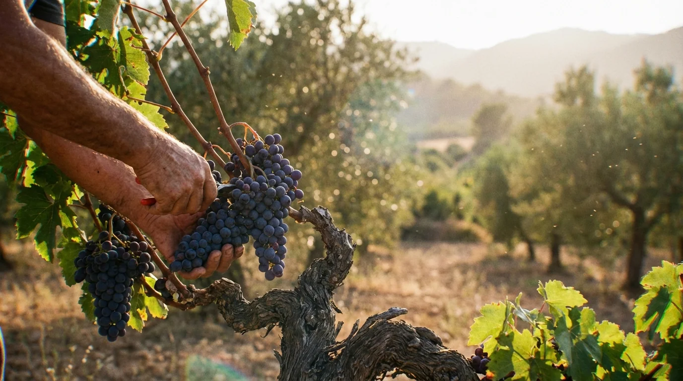 demeter certified wine — Biodynamic vineyard in Mallorca with limestone soil, lush cover crops, golden hour sunlight, authentic Mediterranean agricultural landscape.