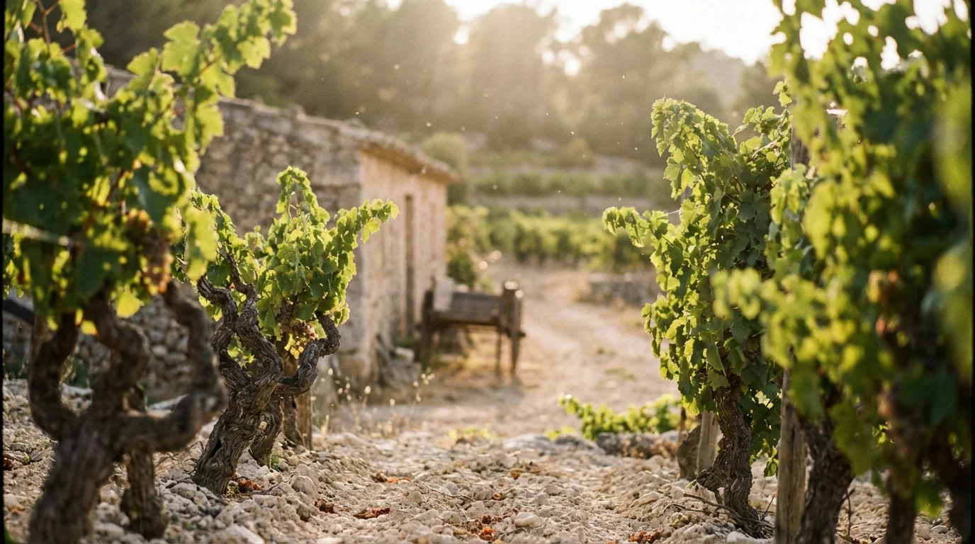 demeter wine certification — Biodynamic vineyard in Mallorca with limestone soil, lush green vines, golden hour sunlight, authentic rustic Mediterranean atmosphere.