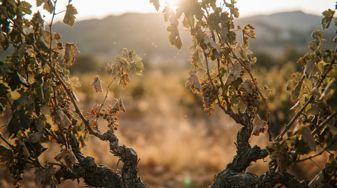 DO Binissalem regulations — Close-up of indigenous Mallorcan grape vines in a sun-drenched vineyard, limestone soil, soft Mediterranean golden hour lighting.