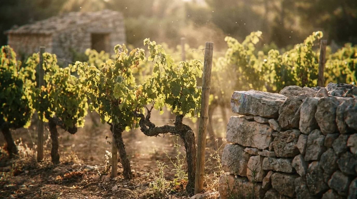 EU wine regulations — Close up of biodynamic vineyard in Mallorca, sunlit indigenous grapevines, rustic stone walls, warm Mediterranean atmosphere, high quality.