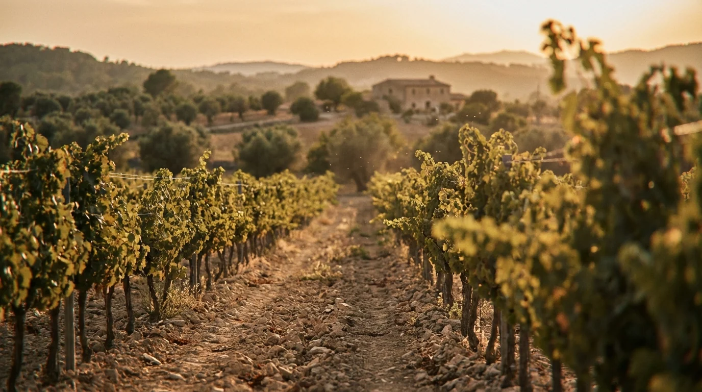 Fira d'Andratx 2026 — Sunlit vineyard in Mallorca with limestone soil, rows of vines, Mediterranean landscape, warm natural lighting, high quality.