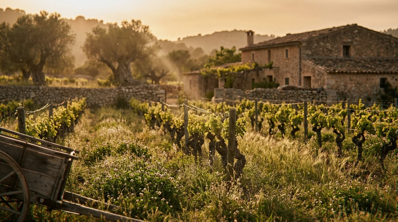biodynamic wine tourism — Biodynamic vineyard in Mallorca, golden hour sunlight, lush cover crops, authentic rustic atmosphere, high-quality professional photography.