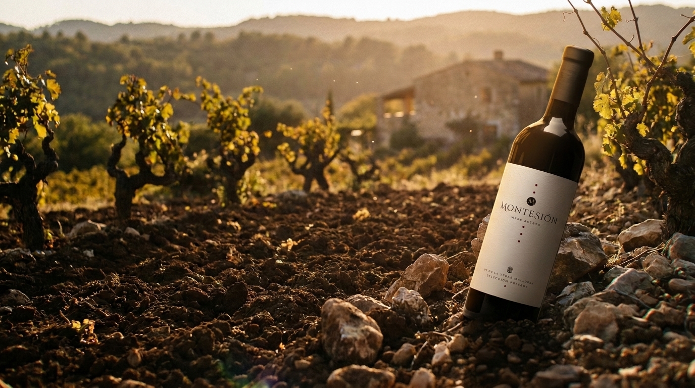 IGP Mallorca — Freshly turned dark earth in a Mediterranean vineyard, golden hour sunlight, limestone rocks, rustic atmosphere, warm shadows, natural textures.