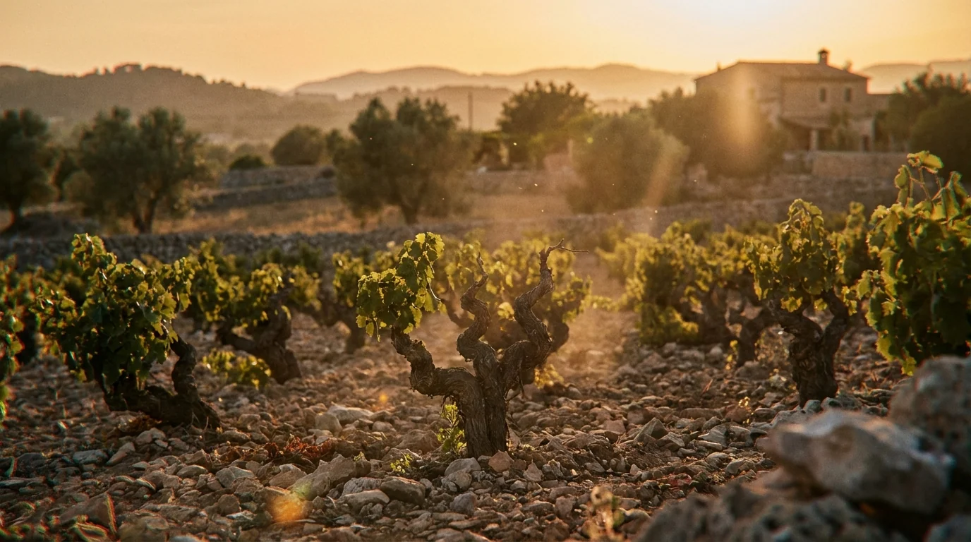 mallorca indigenous grapes — Rows of ancient grapevines in a sun-drenched Mallorca vineyard, limestone soil, Mediterranean landscape, soft golden hour lighting.