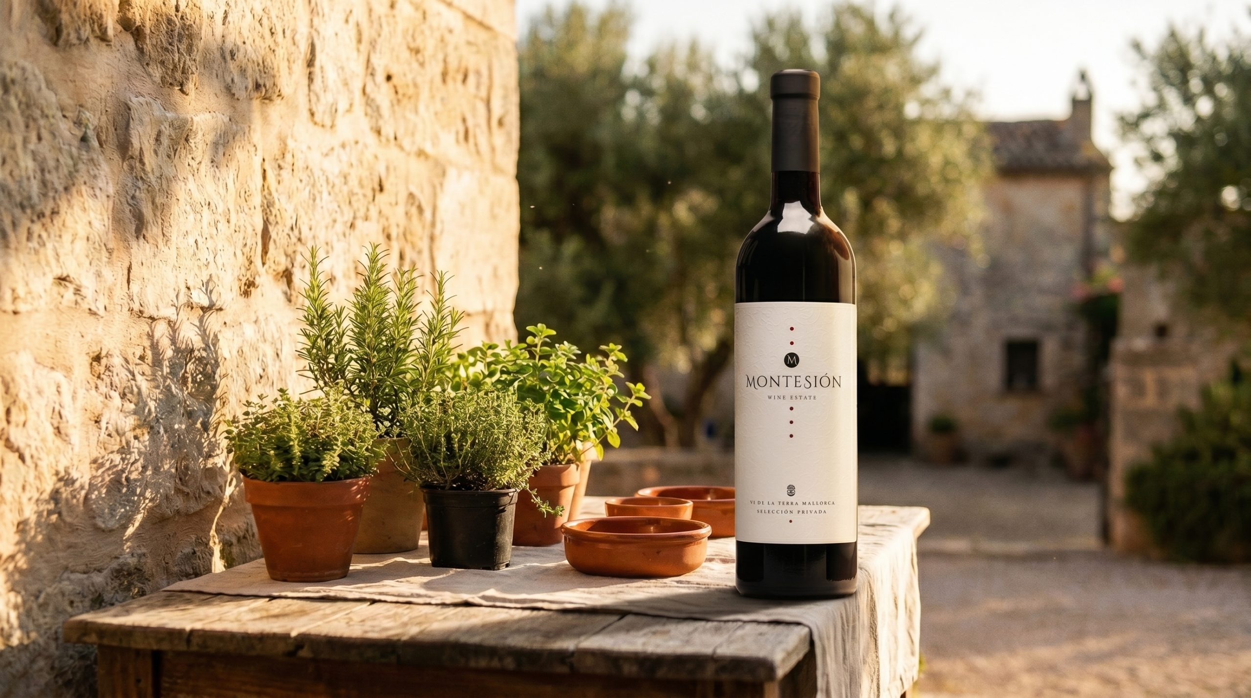 mallorca indigenous wine varieties — Rustic stone wall with golden Mediterranean sunlight, weathered wooden table surface, soft shadows, herbs and limestone textures, warm and authentic atmosphere.