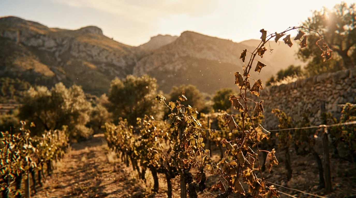 mallorca vineyards — Sun-drenched biodynamic vineyard in Mallorca with limestone soil, rows of vines, Mediterranean mountains in the background, golden hour.