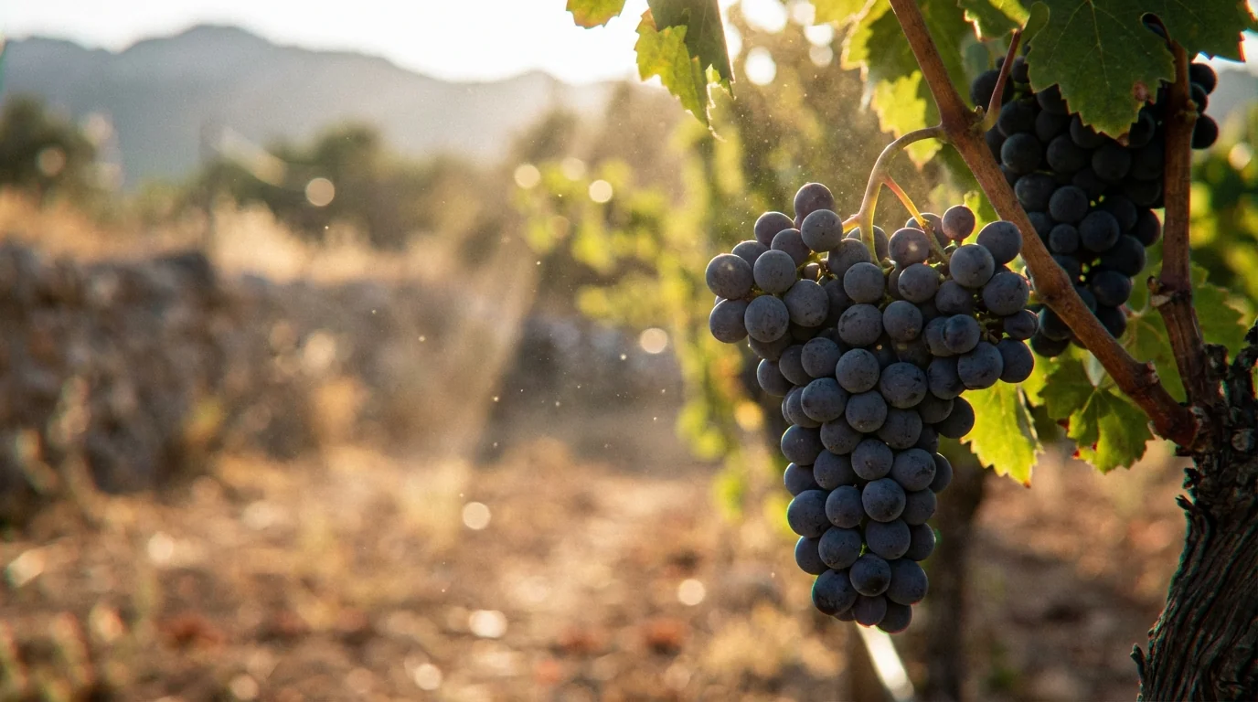 Mallorca wine — Close-up of thick-skinned Callet grapes on a vine in a sunny Mallorca vineyard, natural golden hour lighting.