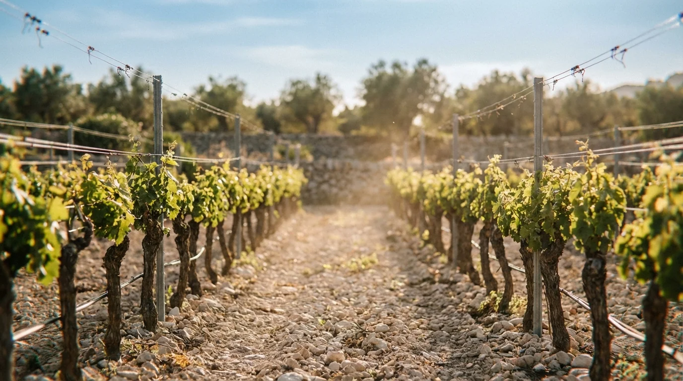 Mallorca wine export — Rows of biodynamic grapevines in a sun-drenched Mallorca vineyard, limestone soil, Mediterranean blue sky, high-quality professional photography.