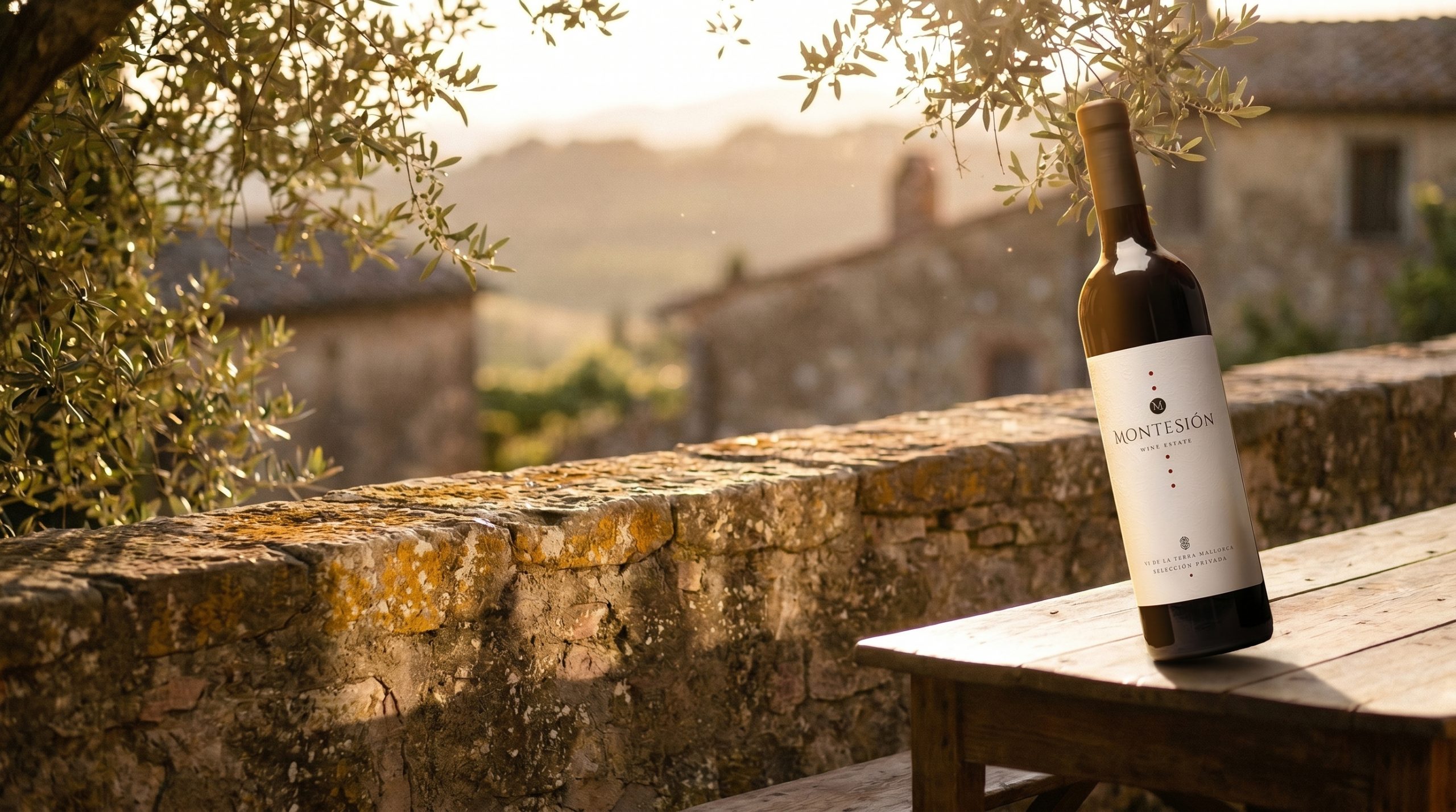 Mallorca wine fair — Centuries-old stone wall with golden patina, rustic wooden table, warm Mediterranean afternoon sunlight, soft shadows, elegant and timeless atmosphere.