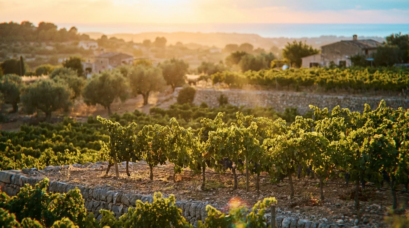 Mallorca wine — Sun-drenched biodynamic vineyard in Mallorca with rows of healthy vines, Mediterranean landscape, warm golden hour lighting, high resolution.
