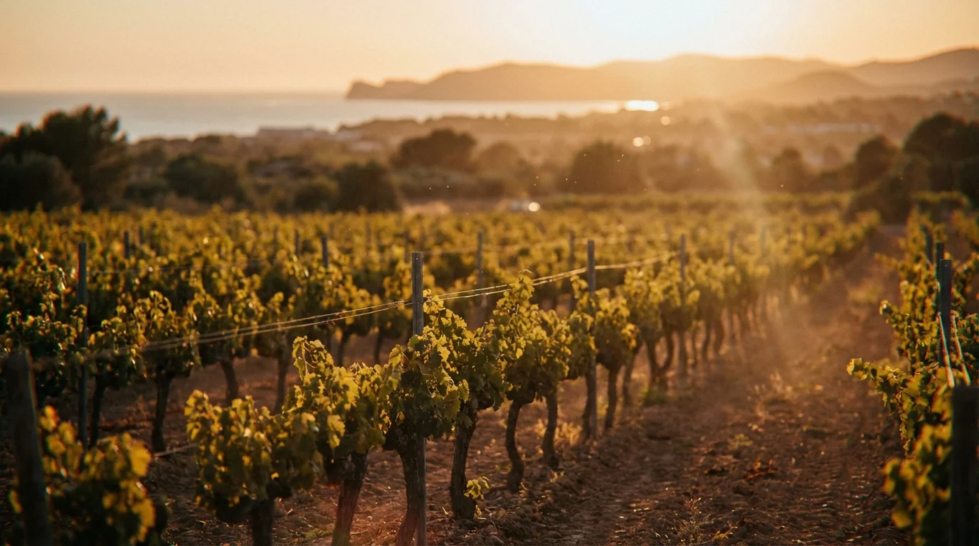 Mallorca wine market — Sun-drenched vineyard in Mallorca, rows of vines, Mediterranean landscape, warm golden hour lighting, high quality photography