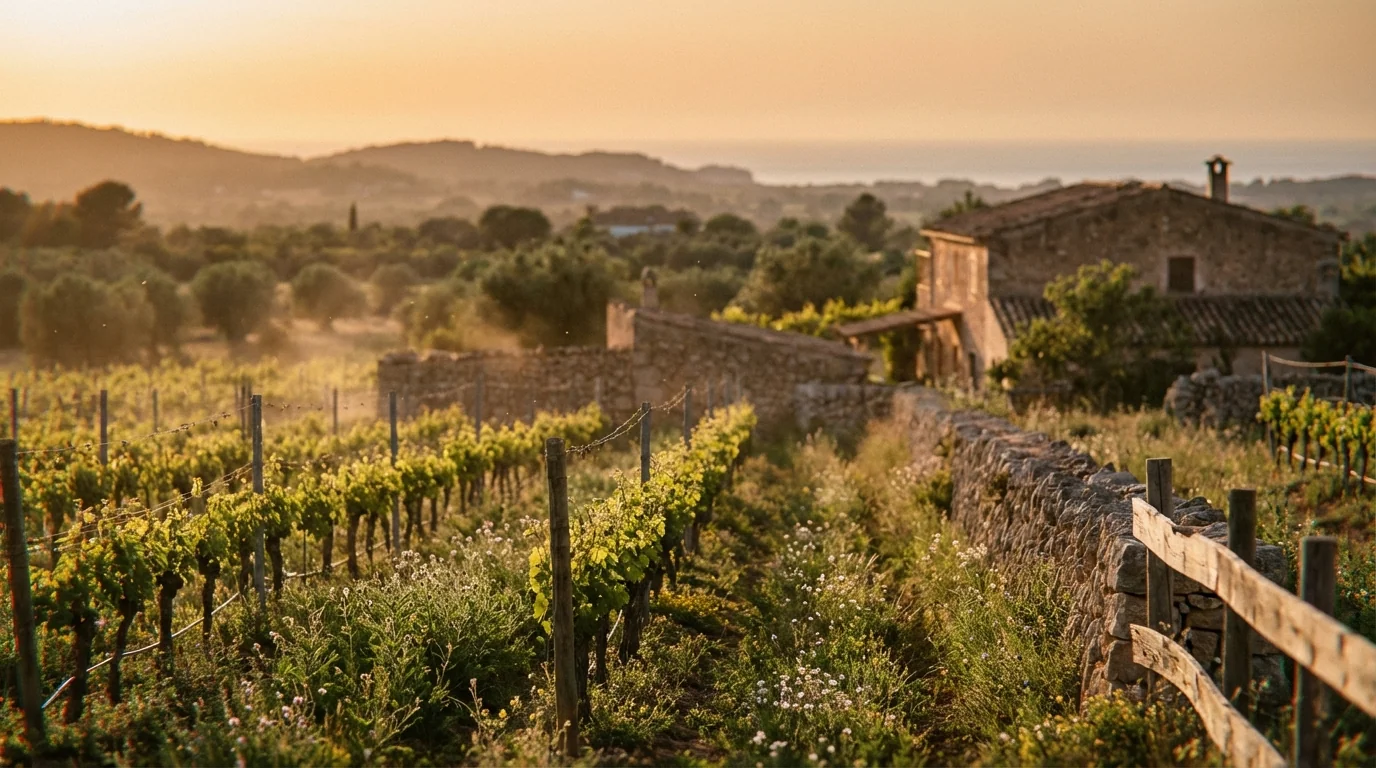 Mallorca wine market — Sun-drenched biodynamic vineyard in Mallorca with rows of vines, Mediterranean landscape, warm golden hour lighting, high quality.