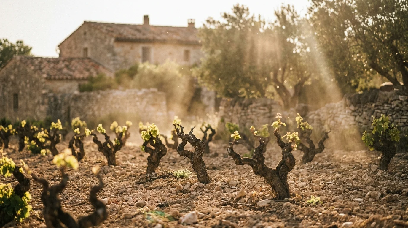 Mallorca wine — Sun-drenched biodynamic vineyard in Mallorca, rows of vines, limestone soil, Mediterranean light, authentic rustic atmosphere, high resolution.