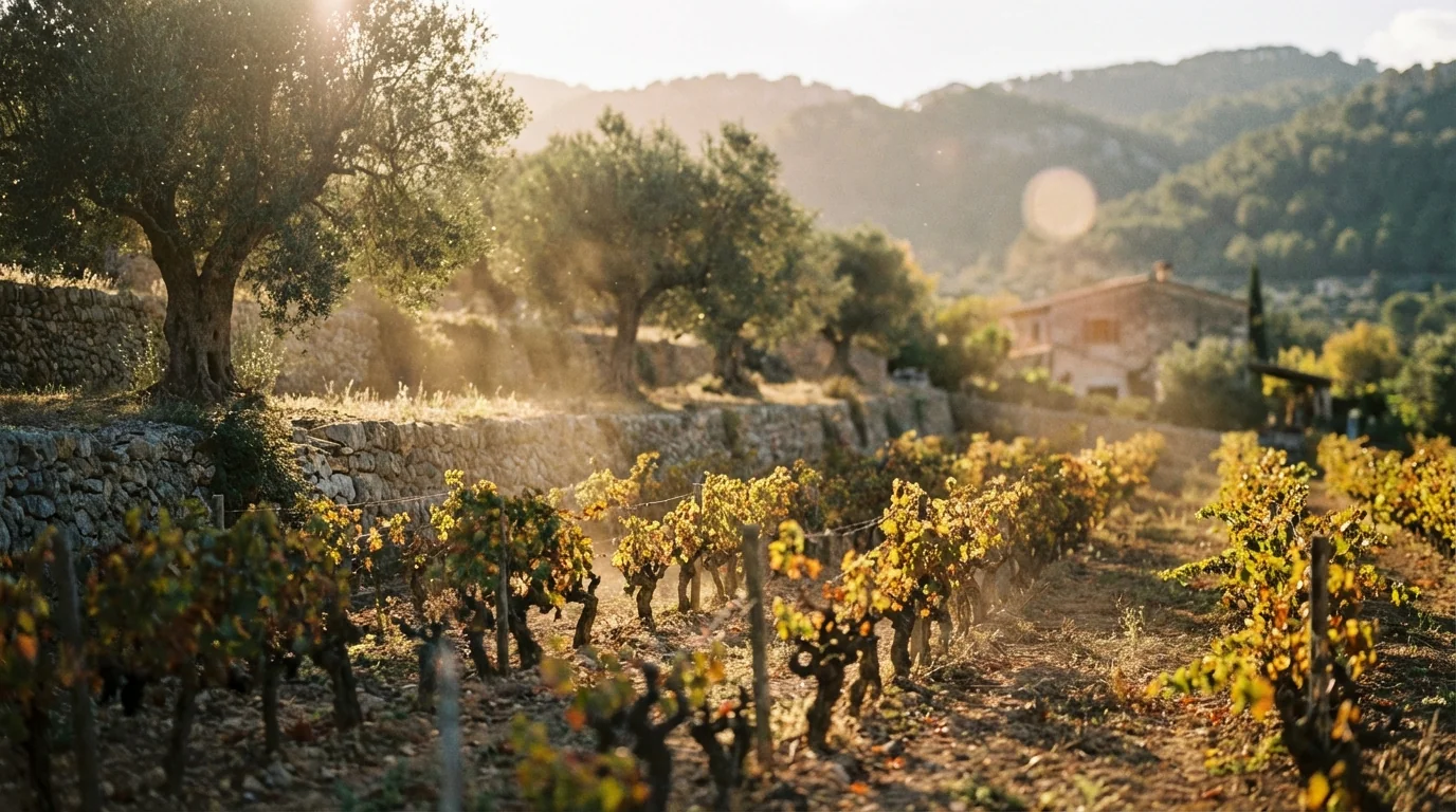 Mallorca wine — Biodynamic vineyard in Mallorca, rows of vines, golden hour sunlight, Mediterranean landscape, authentic, high quality photography