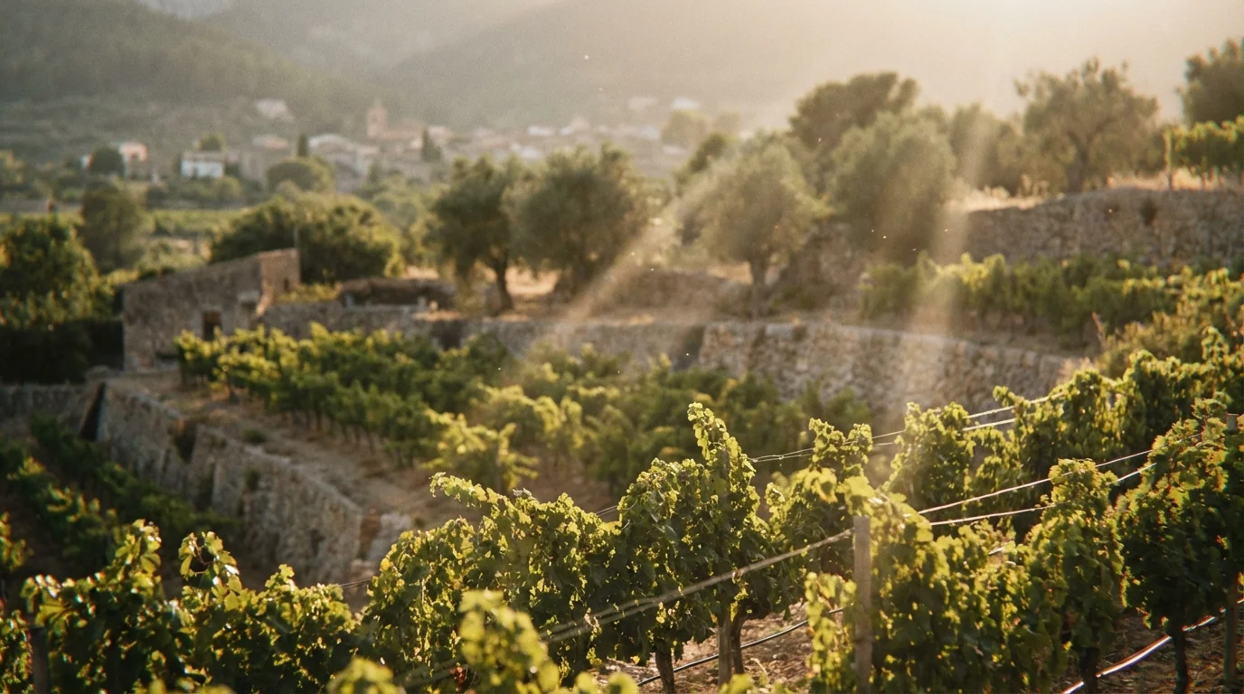 Mallorca wine market — Sun-drenched vineyard in Mallorca with rows of vines, Mediterranean landscape, soft golden hour lighting, high quality photography.