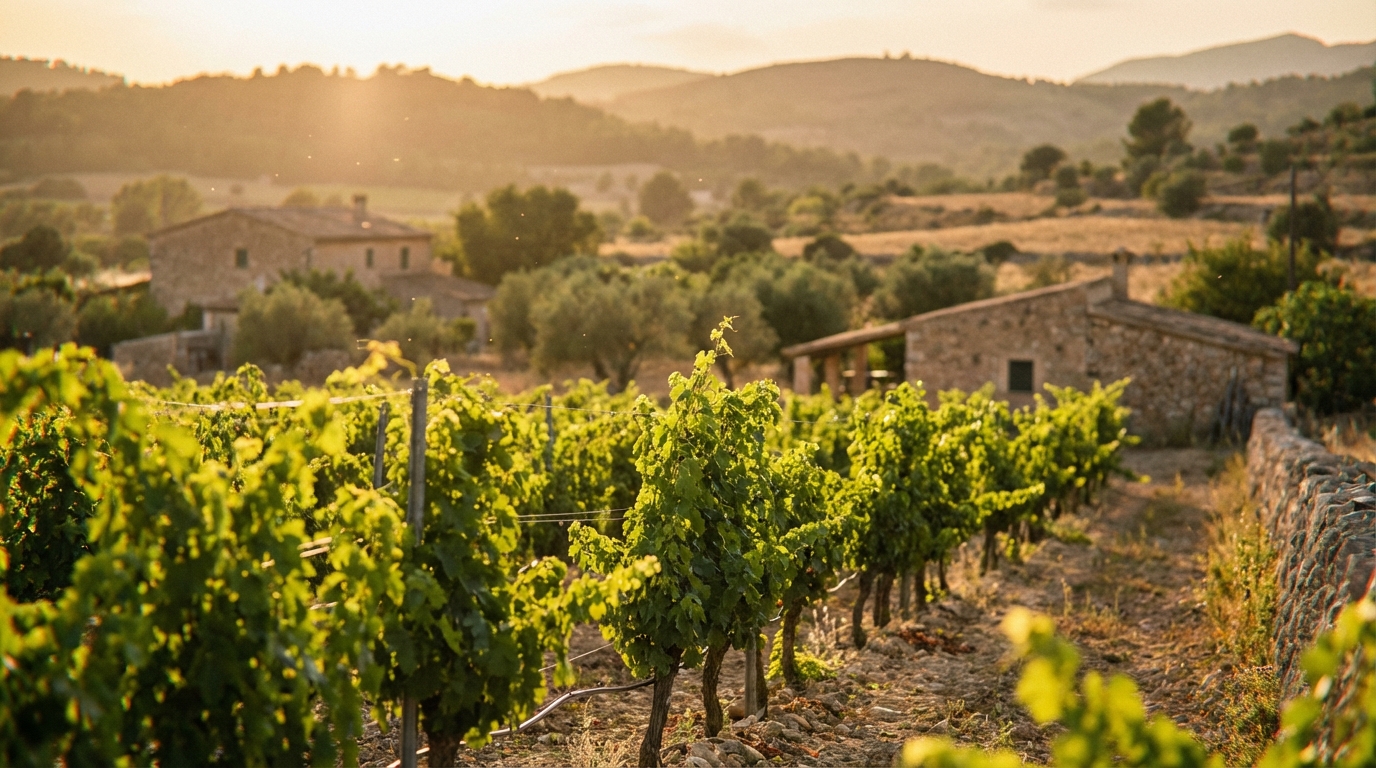 Mallorca wine market — Sun-drenched biodynamic vineyard in Mallorca with limestone soil, vibrant green vines, Mediterranean landscape, high-quality professional photography.