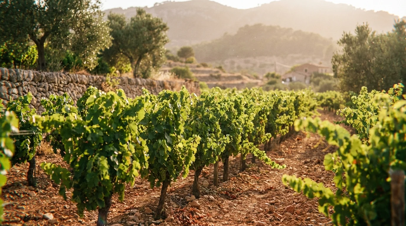 Mallorca wine market — Biodynamic vineyard in Mallorca, rows of vines, rocky soil, Mediterranean sunlight, lush green leaves, high quality photography