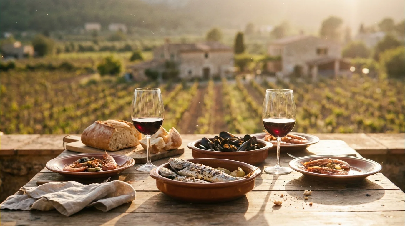 mallorca wine pairing — Mediterranean table setting with wine glass, fresh seafood, rustic bread, sun-drenched terrace, Mallorca vineyard background, warm lighting