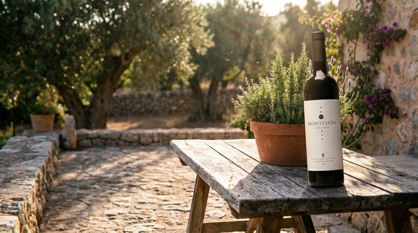 mallorca wine tasting — Rustic stone terrace in Mallorca, weathered wooden table, warm golden hour sunlight, Mediterranean herbs in a ceramic pot, soft shadows, tranquil atmosphere.